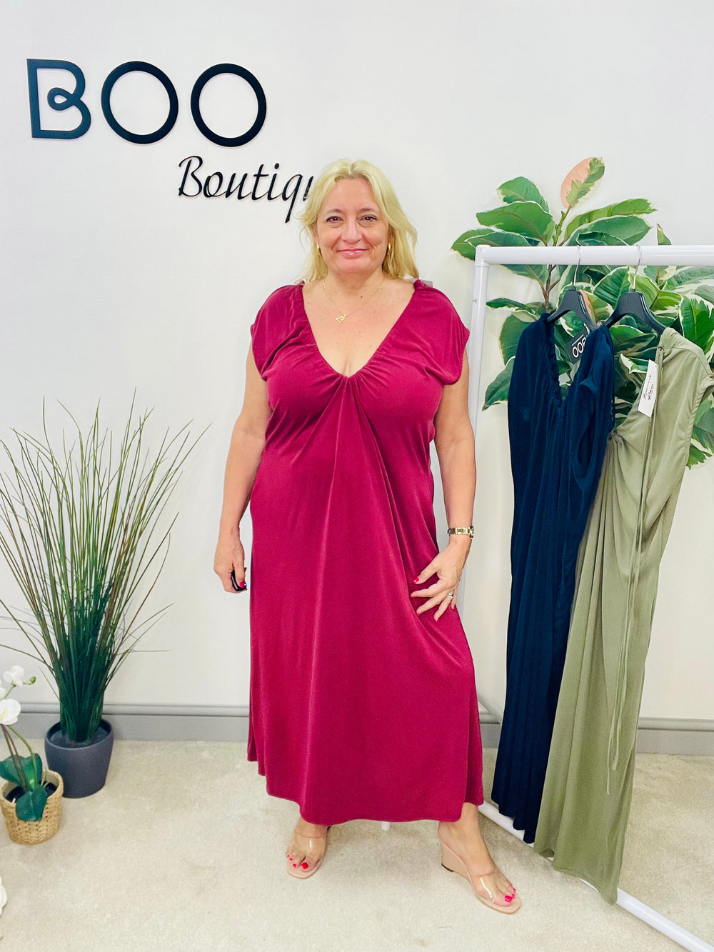 LADIES SILKY LOOSE FIT V NECK MAXI DRESS - BURGUNDY, NAVY & KHAKI