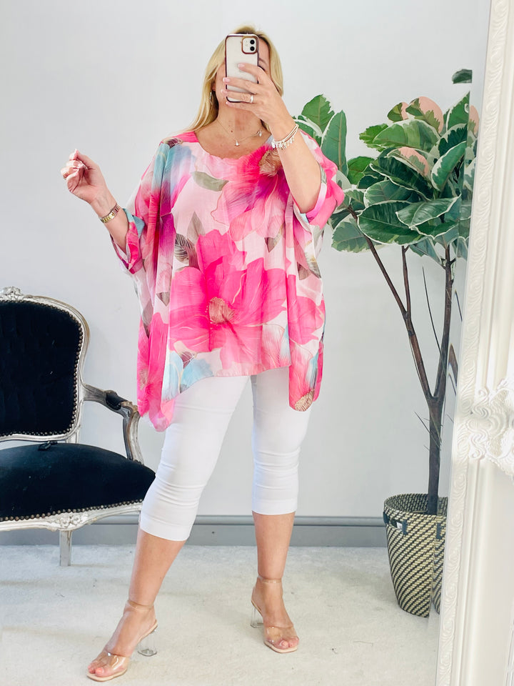 LADIES WOMENS FUSCHIA PINK FLOATY FEMININE FLORAL PRINT LOOSE FIT TOP BLOUSE