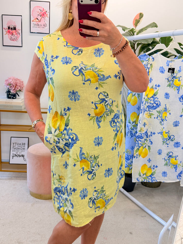 Ladies Linen Lemon Print Shift Summer Dress - Lemon, White & Blue