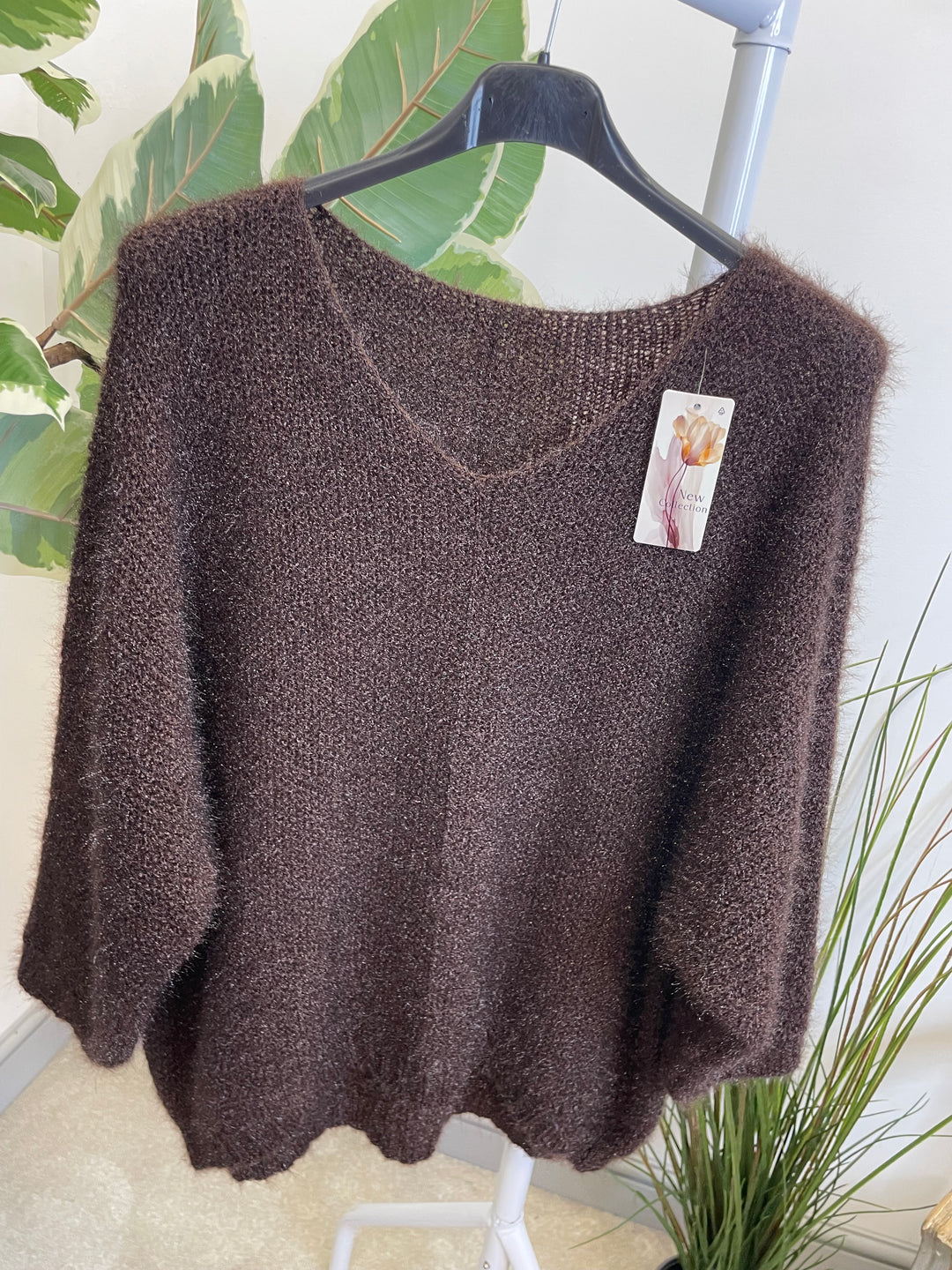 LADIES FLUFFY KNIT V NECK JUMPER - BROWN, BERRY, BLACK & NAVY