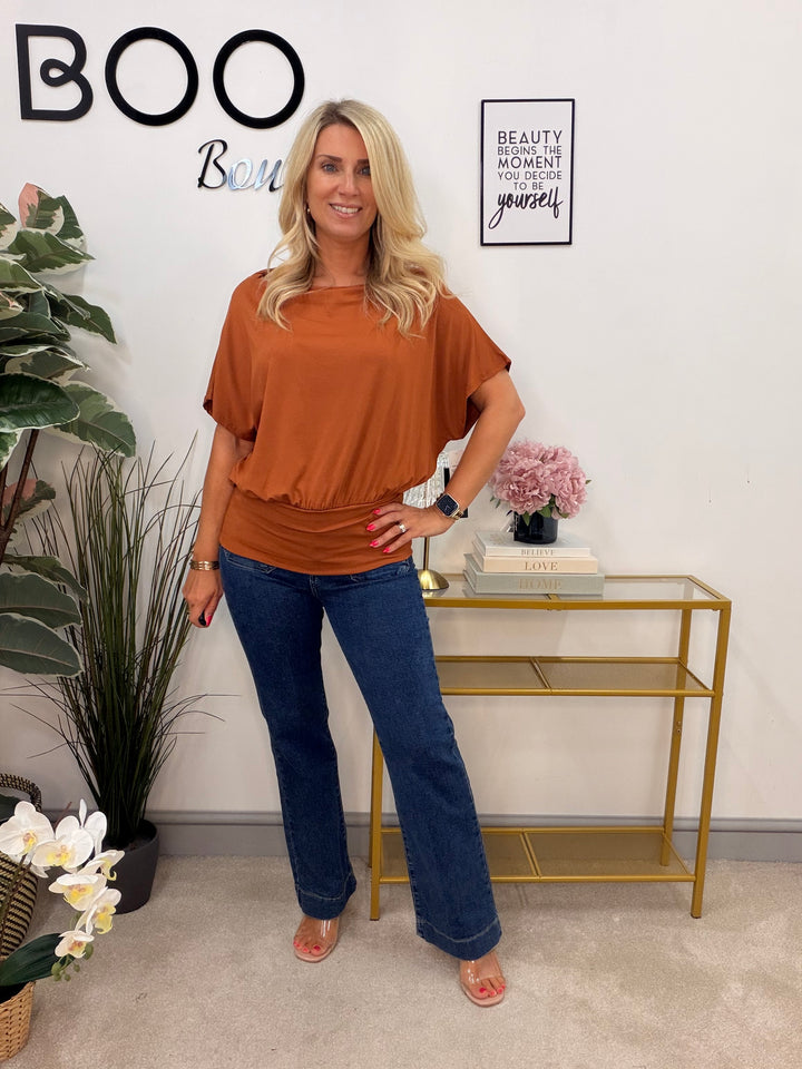 Ladies Fashion Jersey Straight Neck Batwing Top - Black, Rust, Wine & Brown