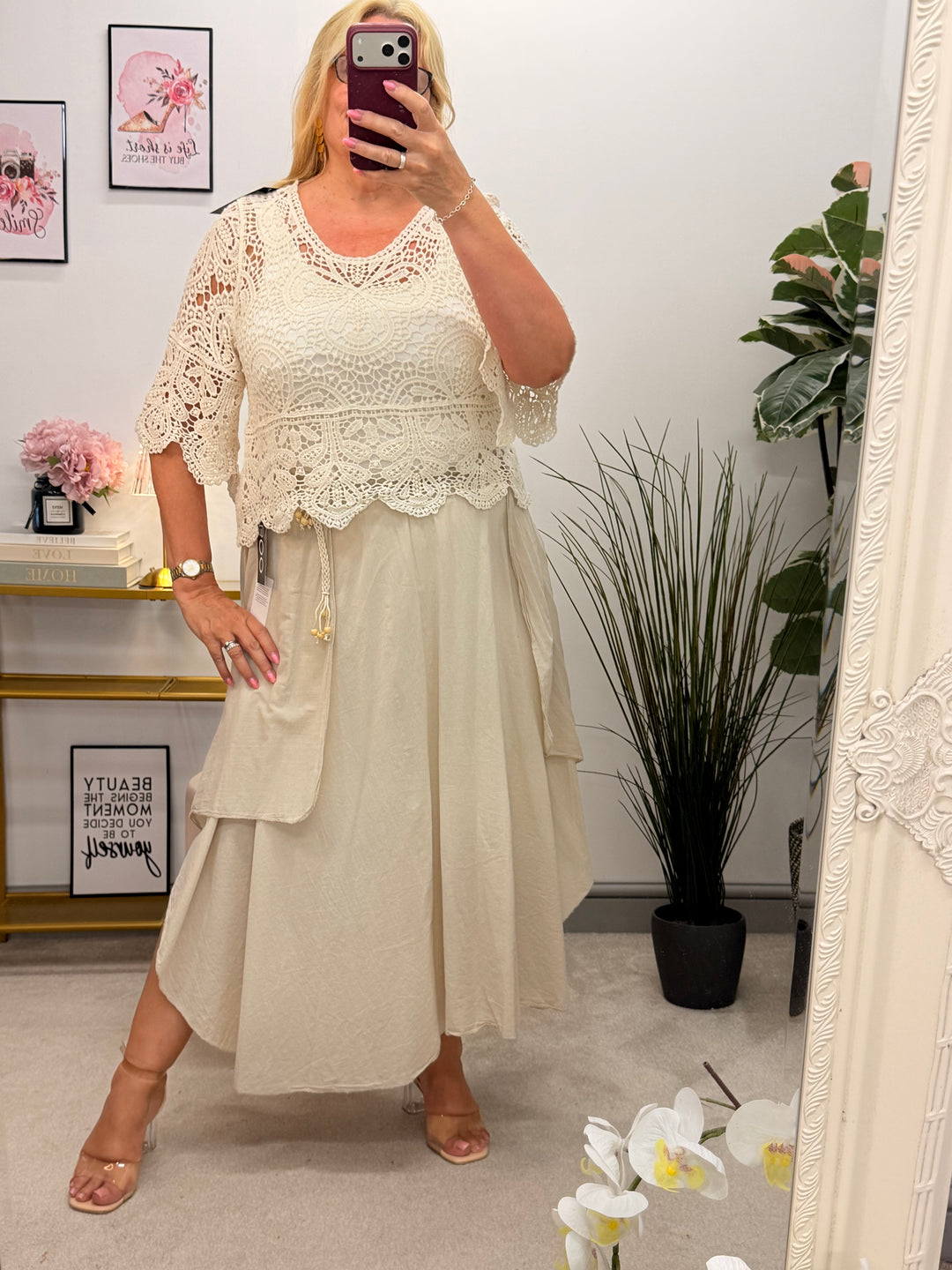 Ladies Boho Gypsy Summer Cotton Skirt - White, Brown & Beige