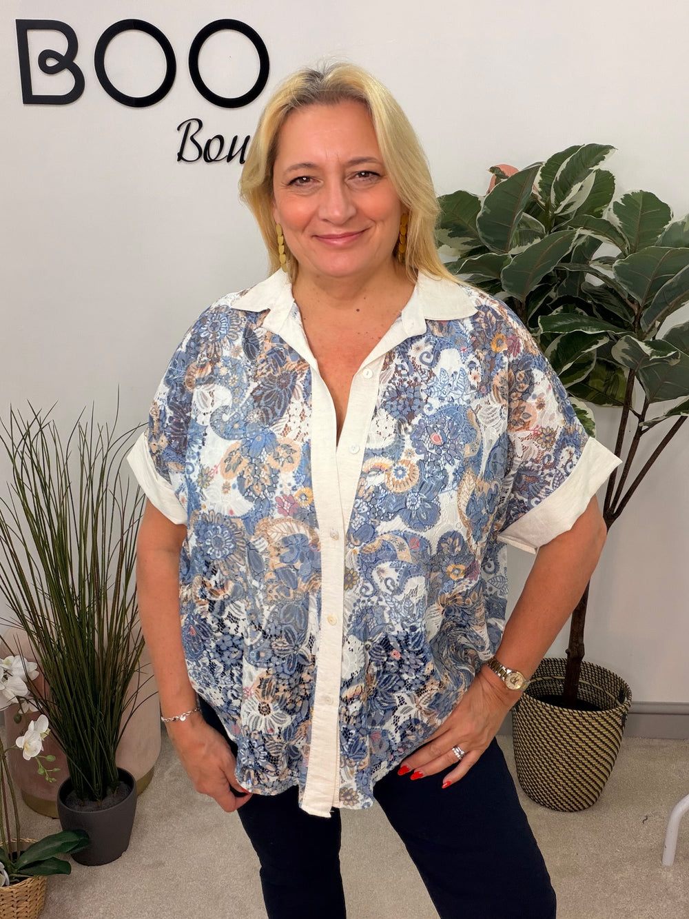 Ladies Lace Loose Fit Top Blouse - Pale Blue & Navy