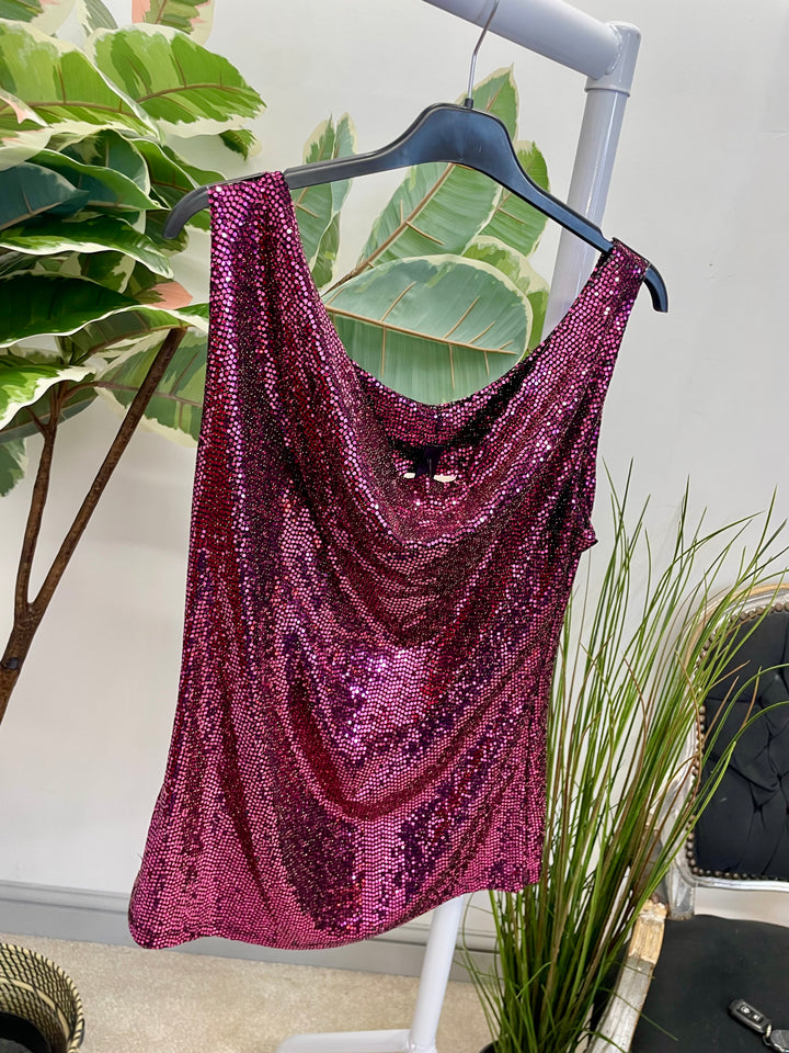 LADIES SEQUIN VEST TOP - BLACK, PURPLE, RED, GOLD, SILVER