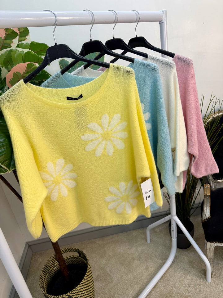 Ladies Fashion Daisy Short Sleeve Jumper - lemon, blue, white & pink