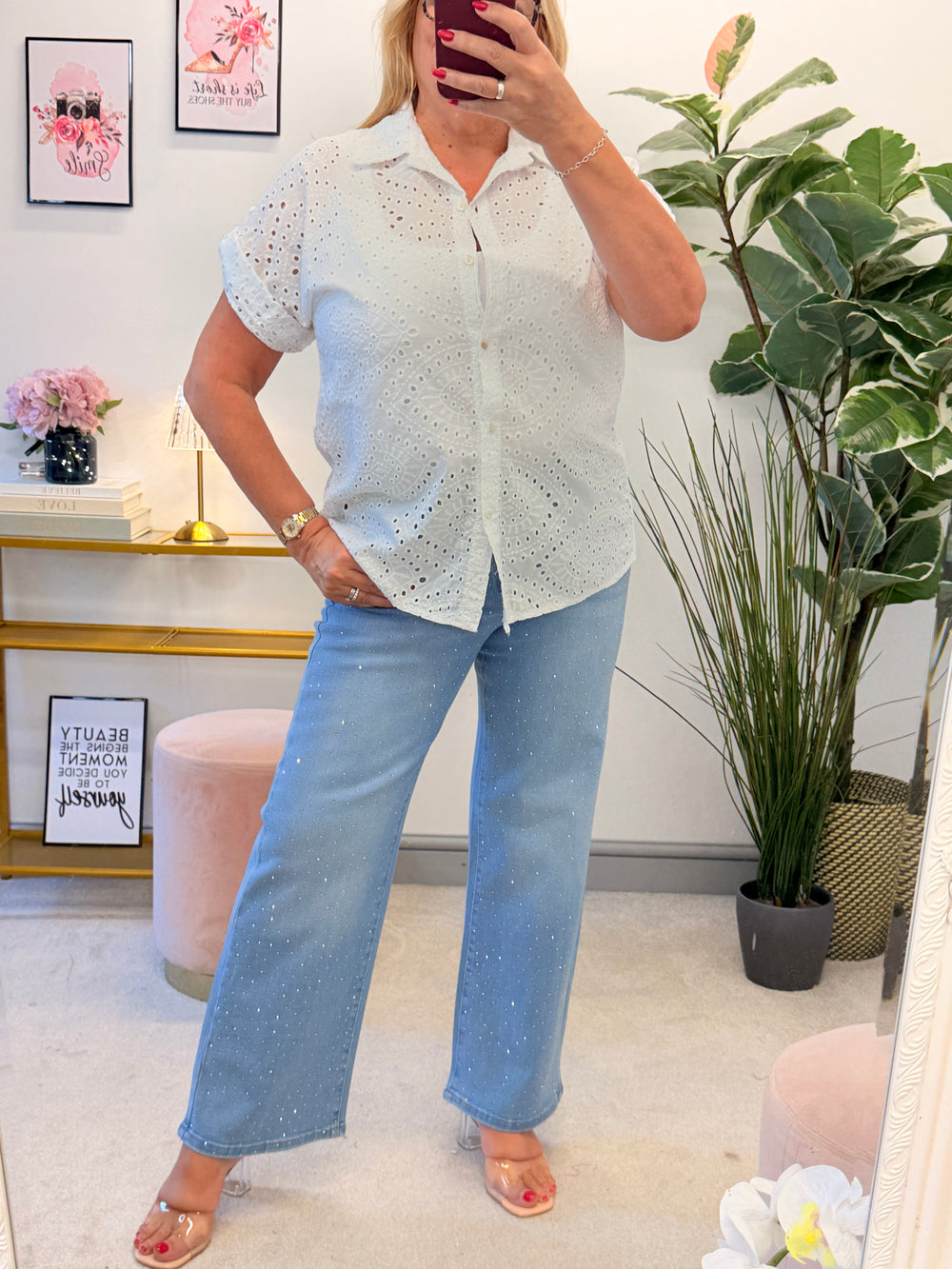 Ladies White Broderie Anglaise Summer Shirt Top