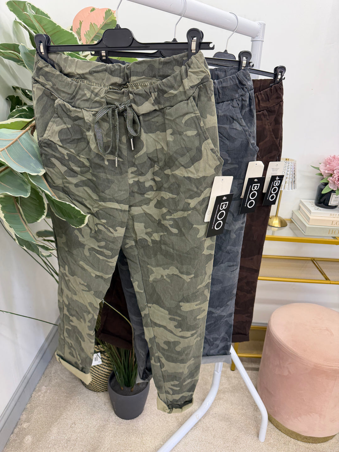 Ladies Fashion Camouflage Stretch Magic Trousers - Brown, Khaki & Grey 