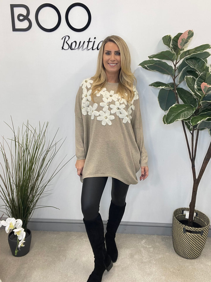 LADIES EMBROIDERED OVERSIZE LOOSE FIT JUMPER MOCHA