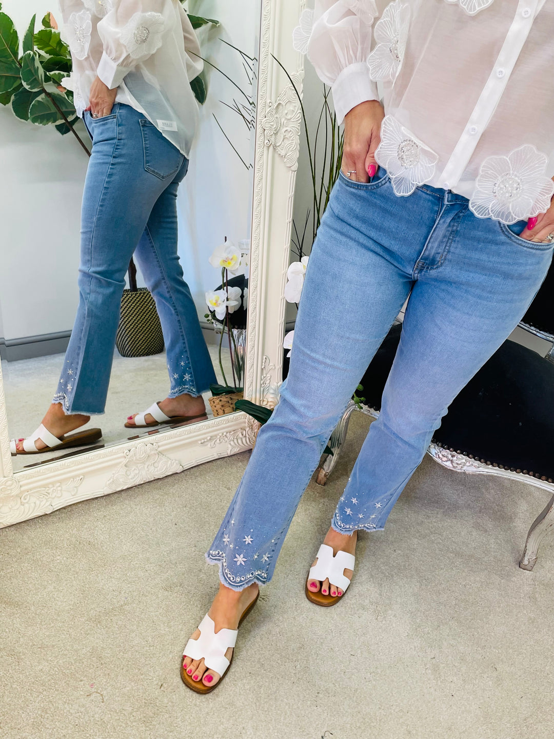 LADIES WOMENS EMBELLISHED ANKLE GRAZER JEANS