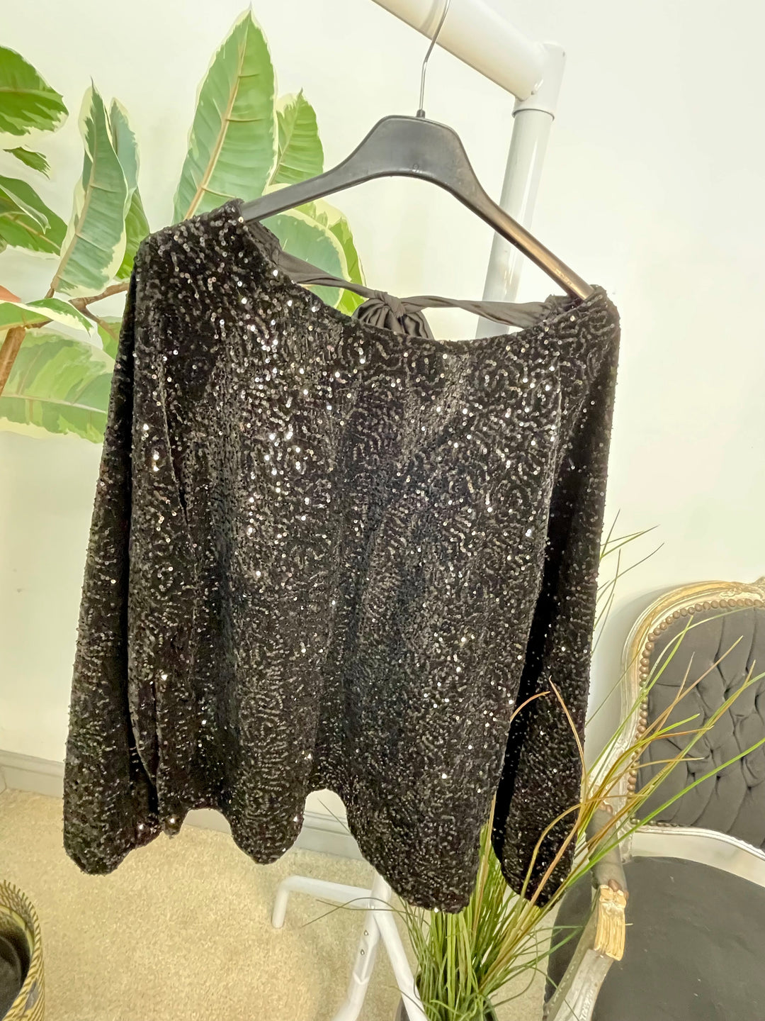 LADIES SEQUIN BOW BACK PARTY TOP - BROWN, BLACK, NAVY, BERRY & SILVER