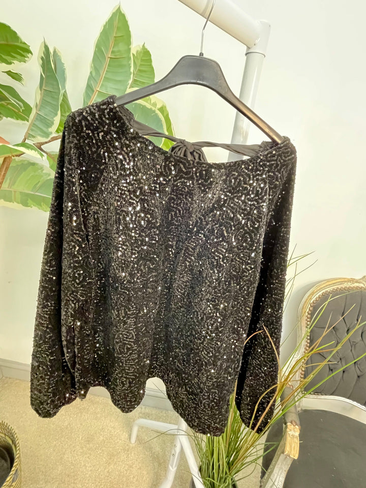 LADIES SEQUIN BOW BACK PARTY TOP - BROWN, BLACK, NAVY, BERRY & SILVER