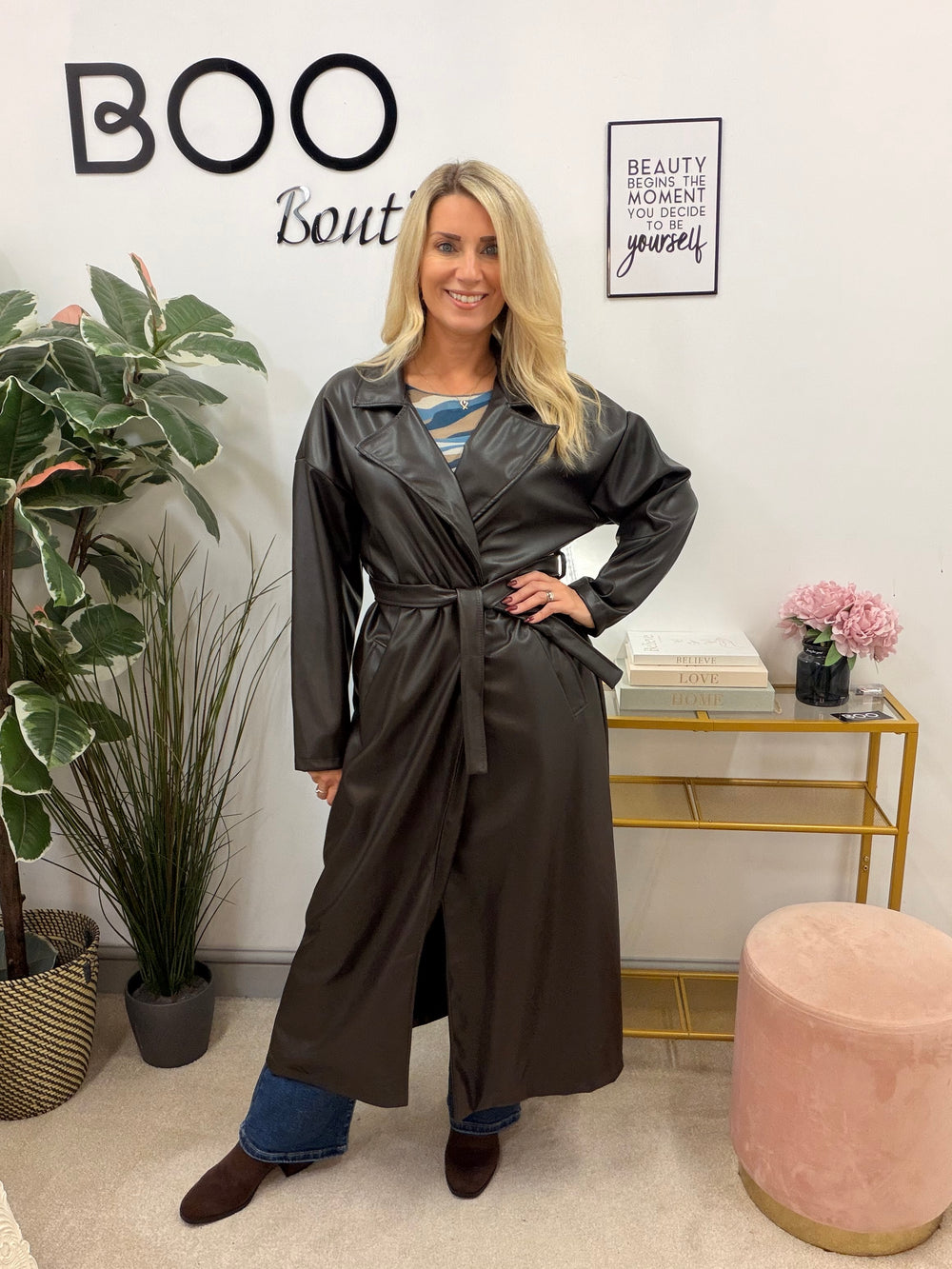 Womens fashion faux leather trench coat - plum, black & brown