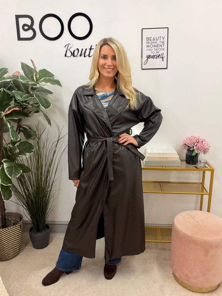 Womens fashion faux leather trench coat - plum, black & brown