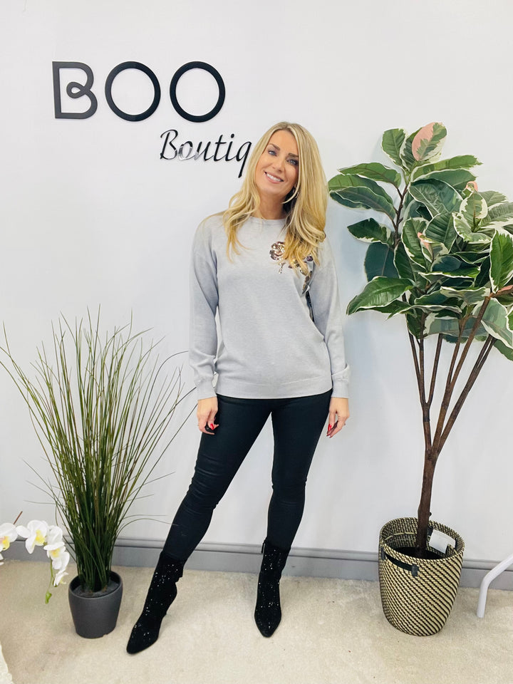 LADIES SEQUIN KNITTED JUMPER - BLACK, WHITE & GREY