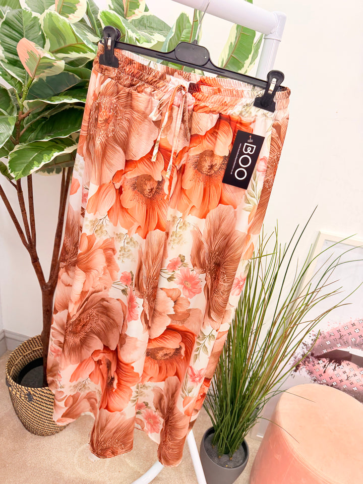 Ladies Satin Flower Print Wide Leg Trousers - Rust, Khaki, Pale Blue, Navy & Black