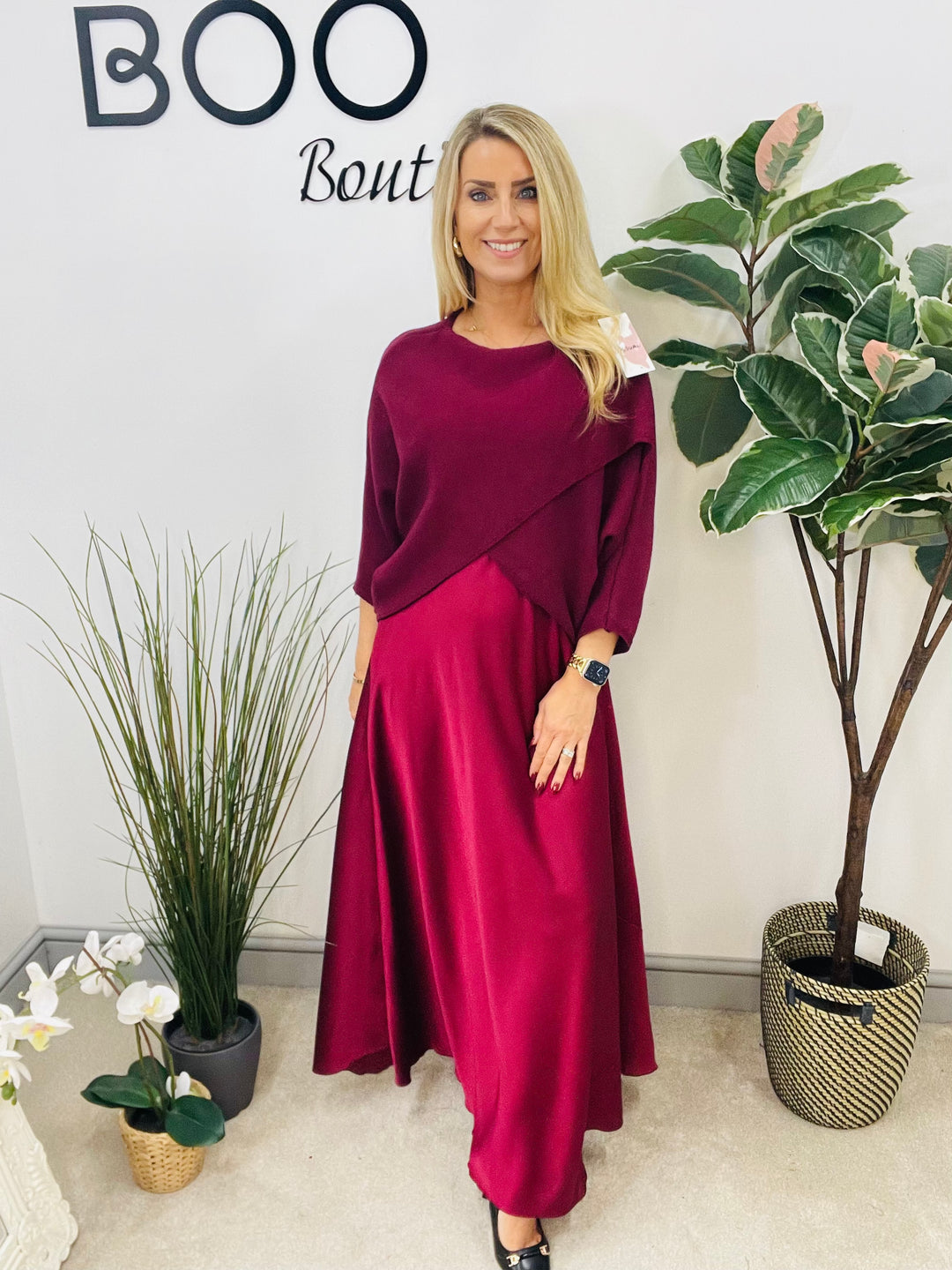LADIES SATIN DRESS & JUMPER SET - BLACK, BROWN, BURGUNDY