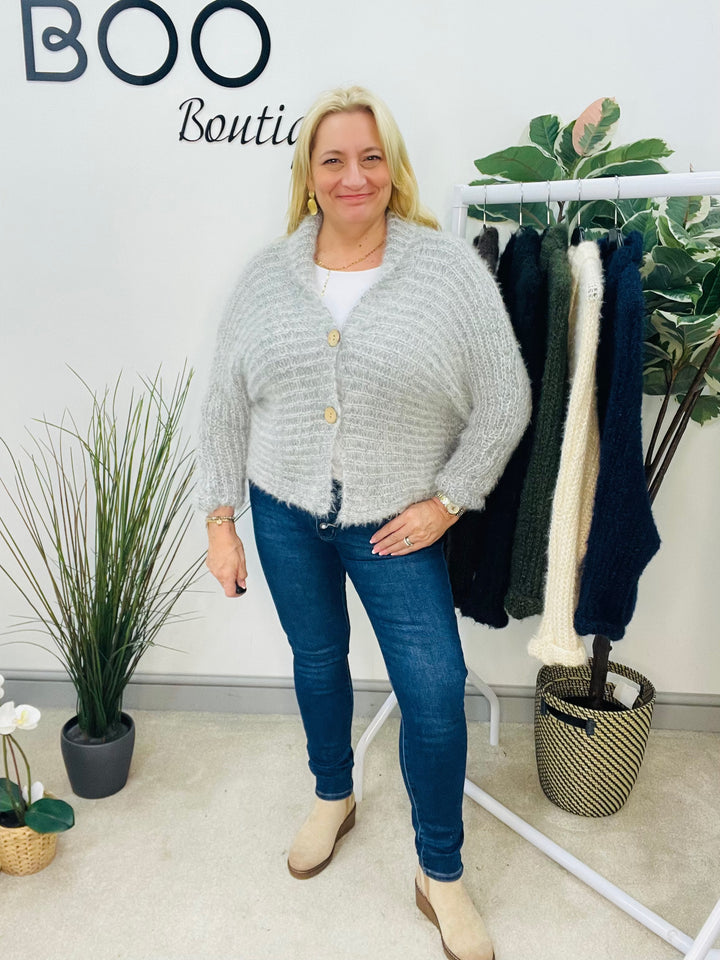 LADIES FLUFFY KNIT CARDIGAN - KHAKI, NAVY, GREY, BLACK, BEIGE, BROWN