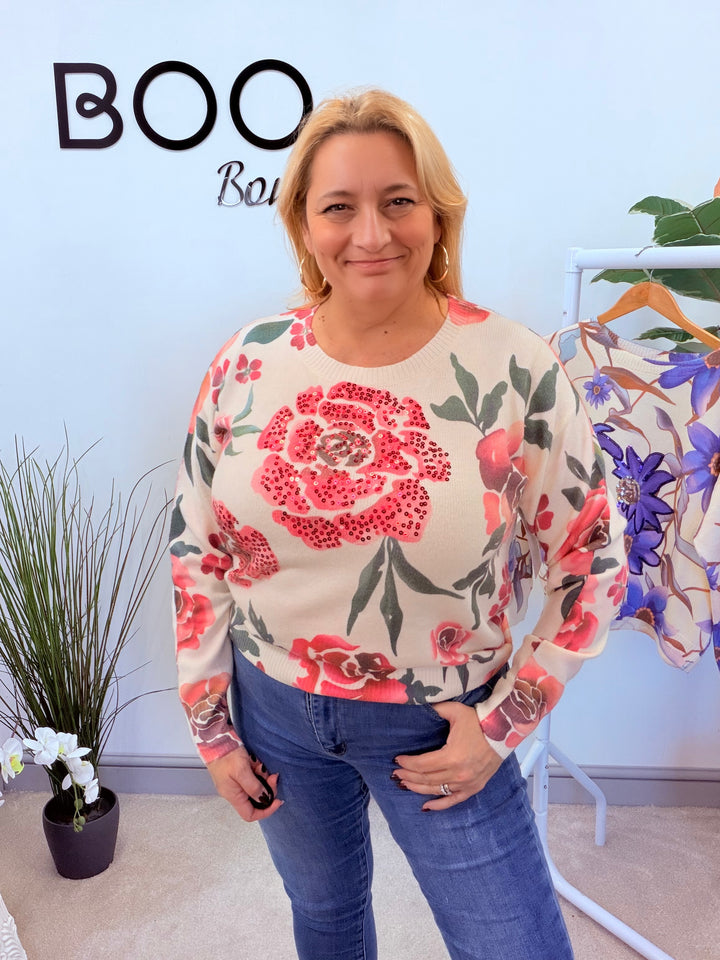 LADIES CREAM & PINK SEQUIN ROSE JUMPER