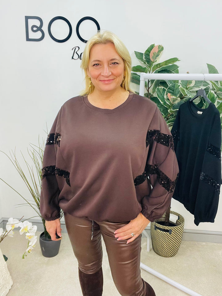 LADIES SCUBA SEQUIN SWEATSHIRT TOP - BLACK & BROWN