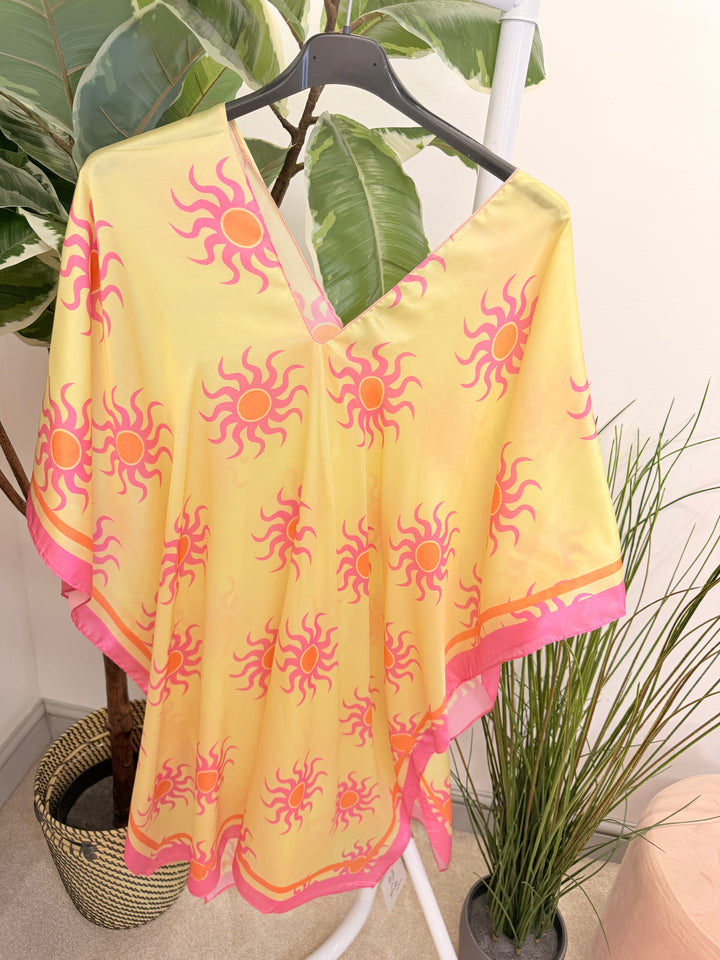 Ladies Fashion Silky Sun Print Kaftan Beach Cover Up Top 