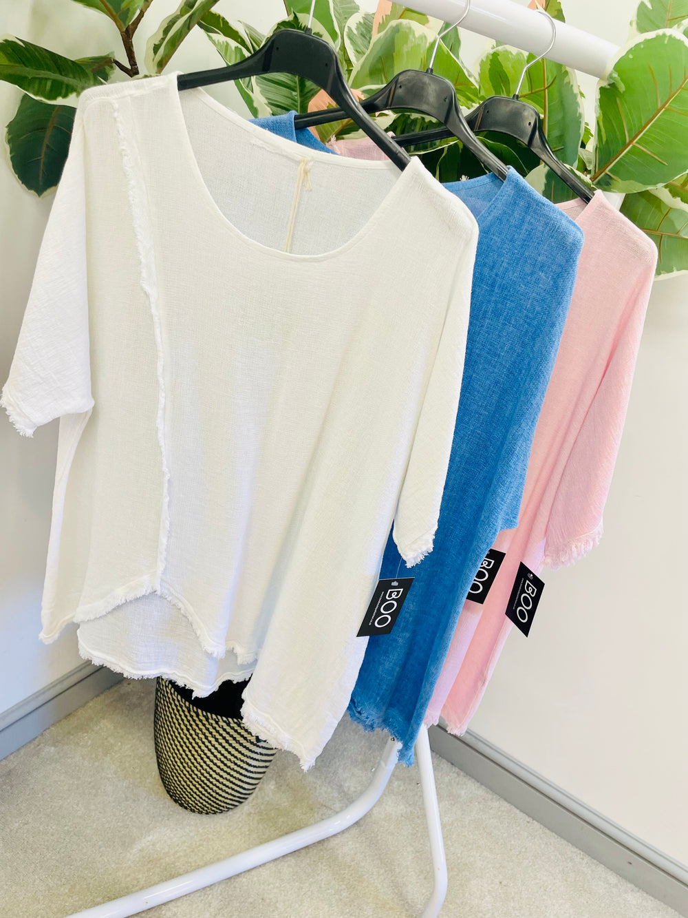 LADIES WOMENS TEABAG LINEN SUMMER HOLIDAY TOP - WHITE, PINK & BLUE
