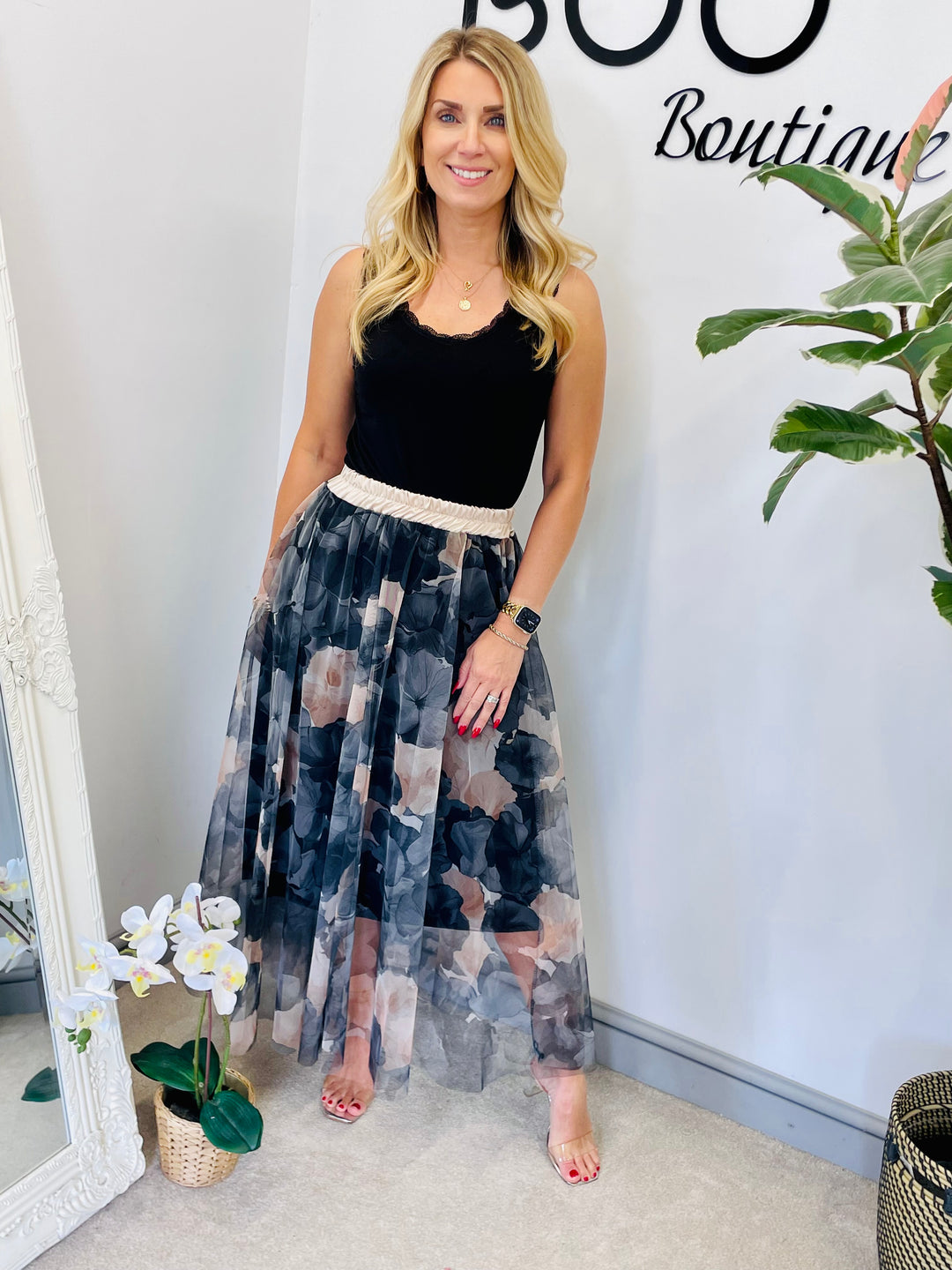LADIES NET SUMMER MIDI SKIRT - PINK, BLACK, BEIGE