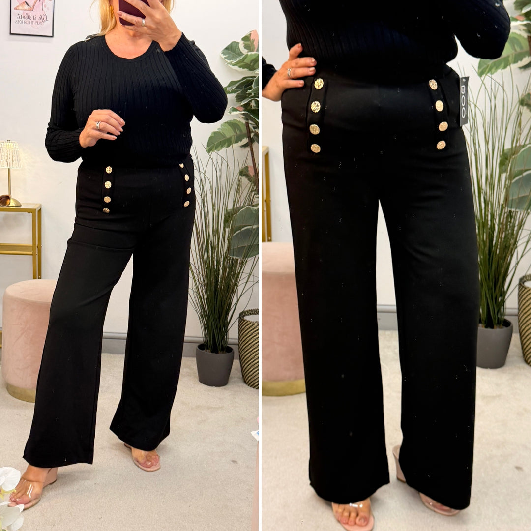 Ladies Fashion Smart Wide Leg Black Trousers