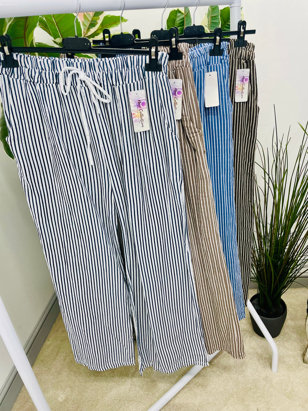 LADIES LINEN COTTON PINSTRIPE WIDE LEG CASUAL TROUSER - WHITE, DENIM BLUE, MOCHA & BROWN
