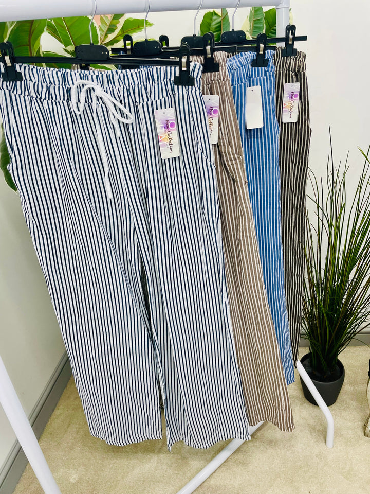 LADIES LINEN COTTON PINSTRIPE WIDE LEG CASUAL TROUSER - WHITE, DENIM BLUE, MOCHA & BROWN