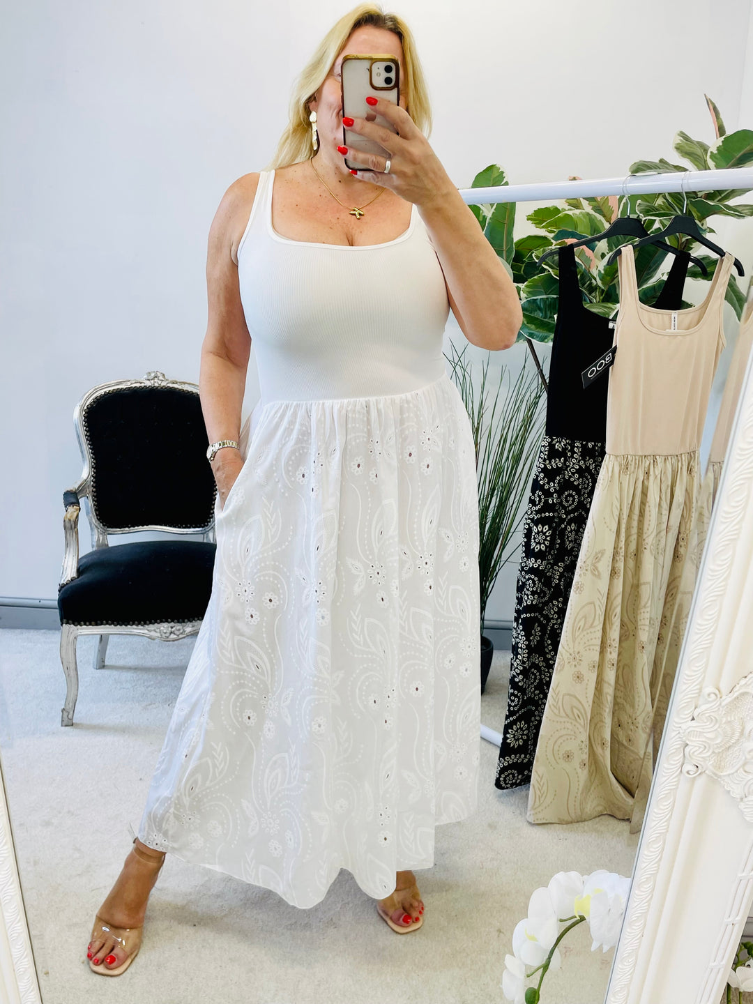 LADIES BRODERIE ANGLAISE SUMMER DRESS - BLACK, BEIGE & WHITE