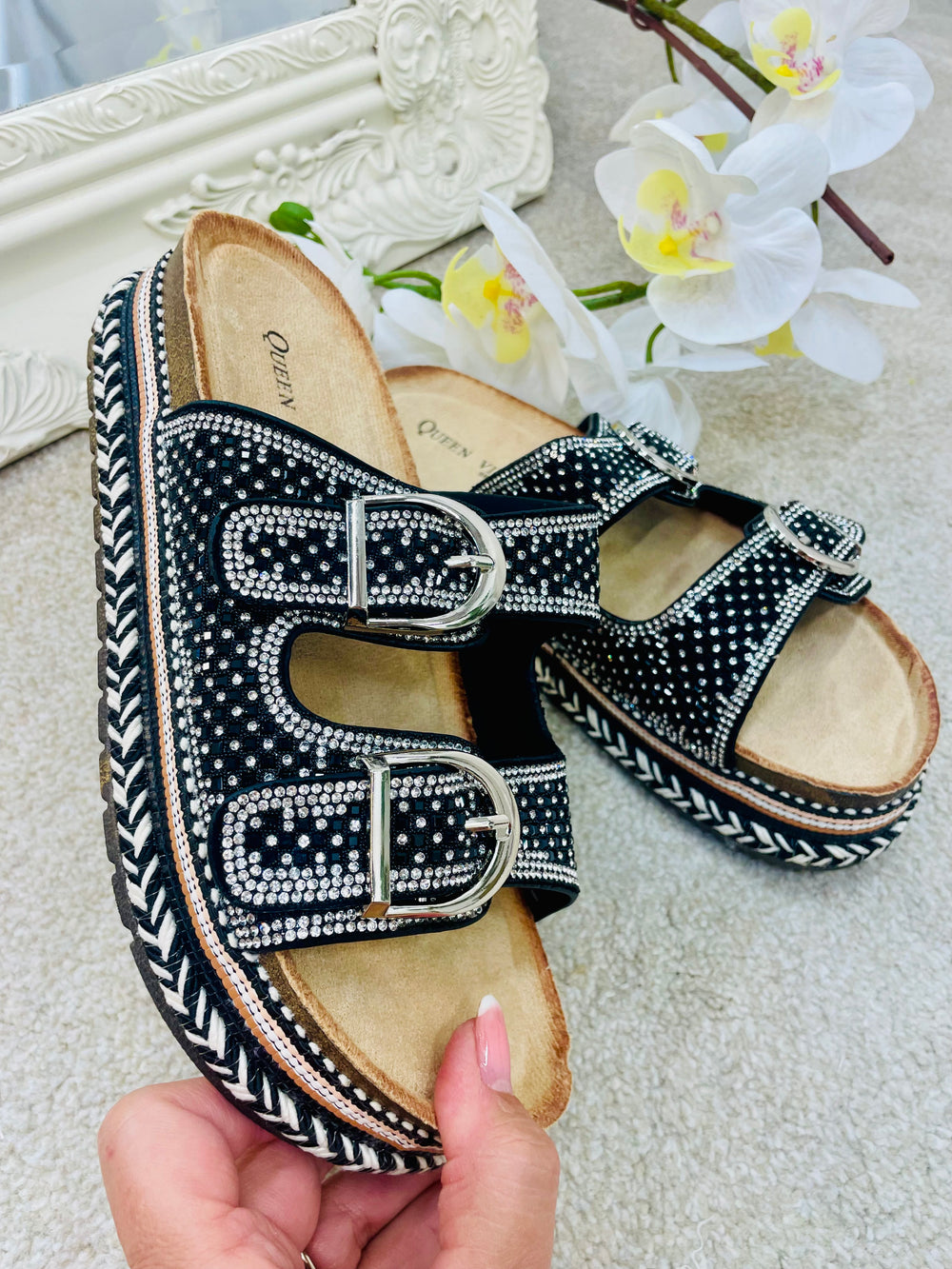 LADIES SPARKLY BLACK FLATFORM SLIDERS  sizes 3 to 8