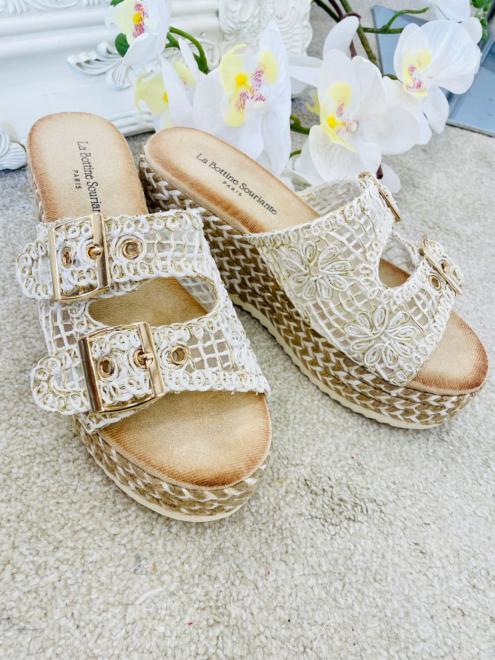 LADIES WHITE CROCHET SUMMER WEDGE FLATFORM SANDALS SHOES
