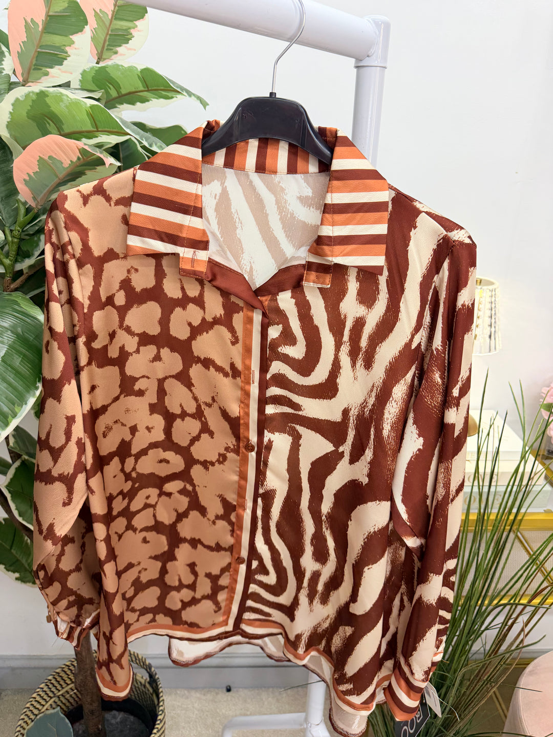 Womens Animal Leopard Print Satin Shirt Blouse - Navy, Burgundy & Camel
