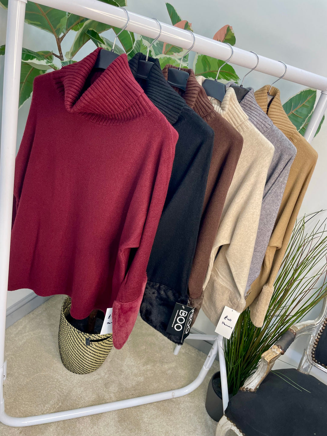 LADIES KNITTED FAUX FUR CUFF JUMPER - BURGUNDY, GREY, BLACK, BROWN, BEIGE, CAMEL
