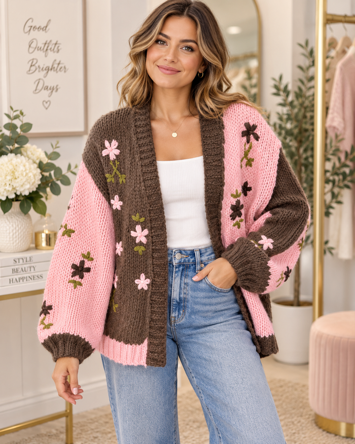 Ladies Fashion Pink & Brown Chunky Knit Cardigan