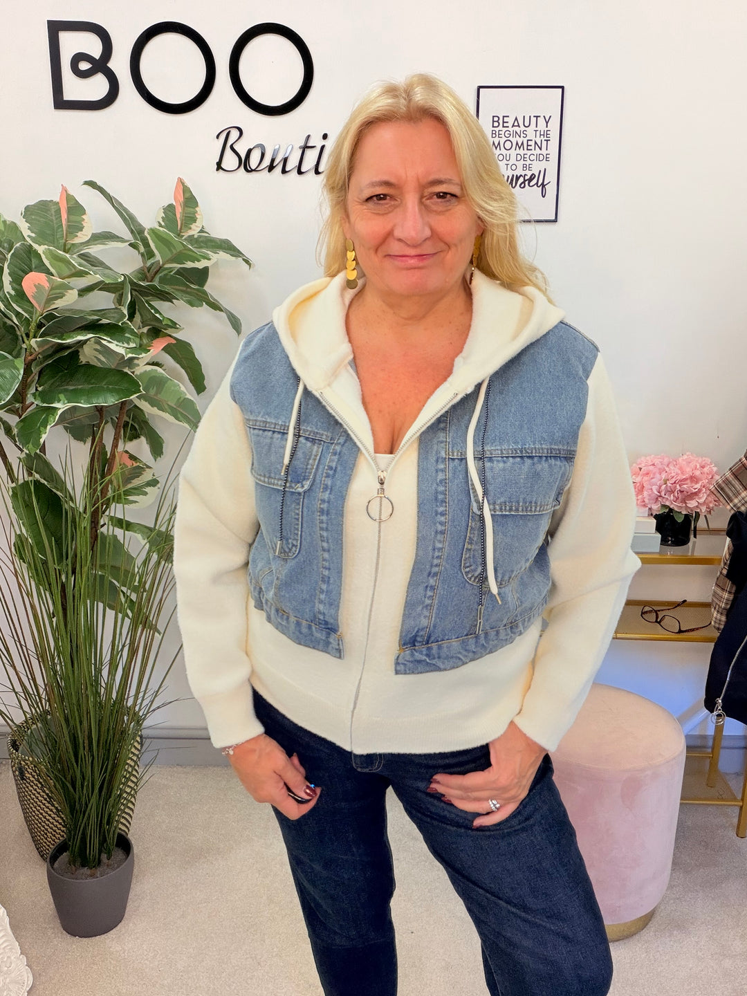 Womens cream knit blue denim hoodie jacket