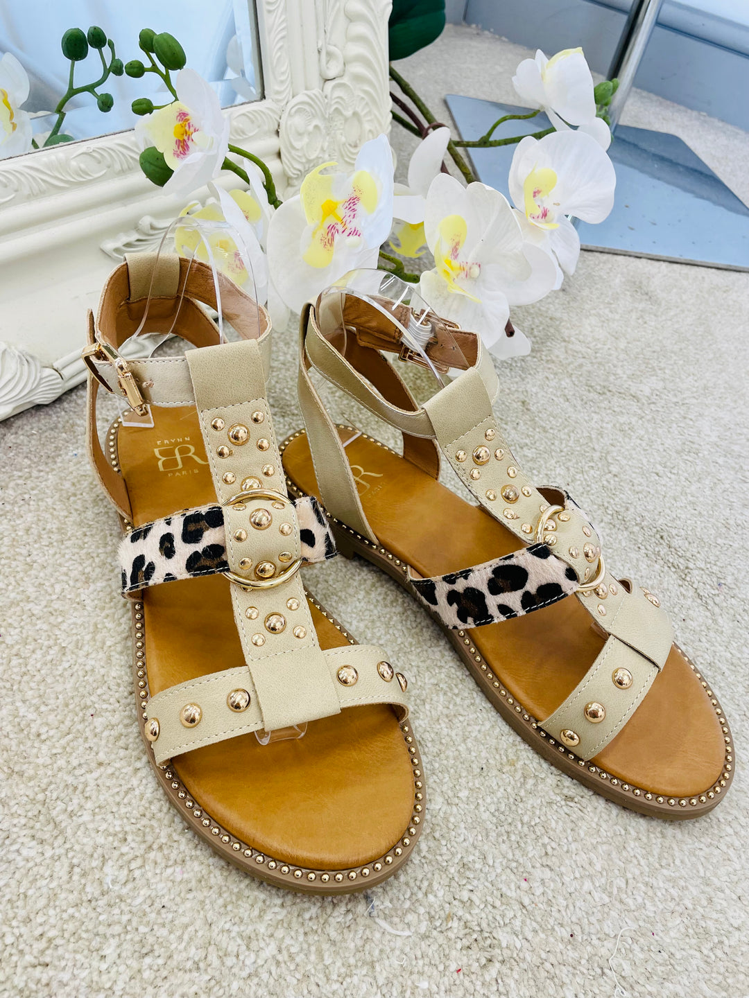 LADIES BEIGE FLAT SUMMER GLADIATOR SANDALS 