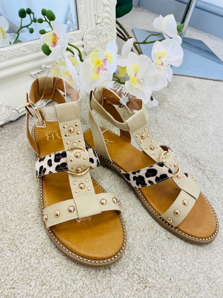 LADIES BEIGE FLAT SUMMER GLADIATOR SANDALS 