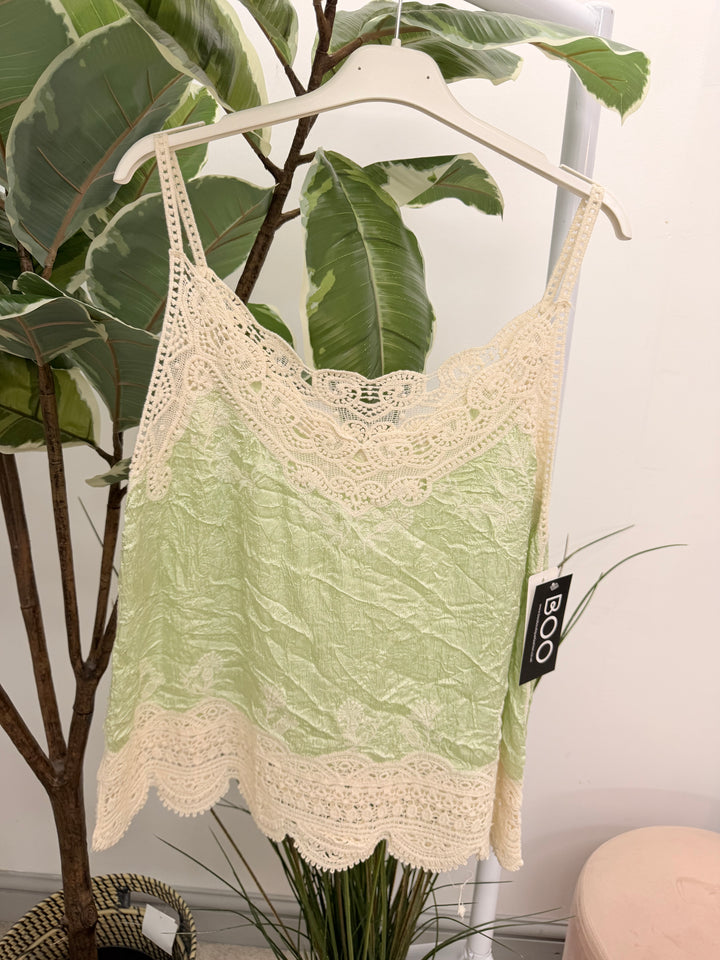 Ladies Fashion Silky Crochet Cami Top - Pink, Khaki, Blue, Cream, Beige, Green