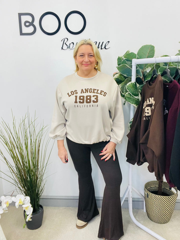 LADIES BUBBLE HEM NEW YORK SWEATSHIRT TOP - BERRY, BLACK, TAUPE, CREAM & BROWN