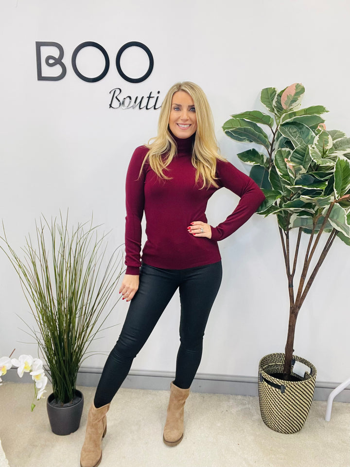 LADIES FINE KNIT ROLL NECK JUMPER - BERRY, BLACK, BEIGE & BROWN