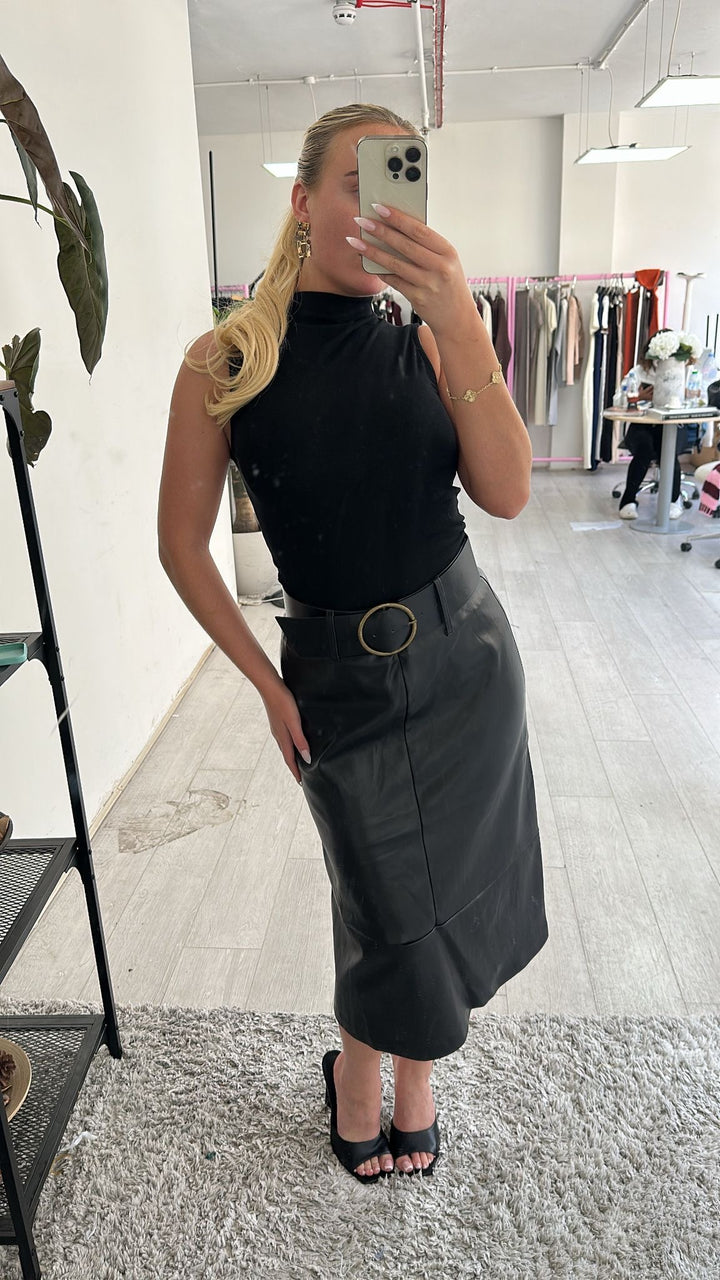 LADIES BLACK FAUX LEATHER MIDI SKIRT