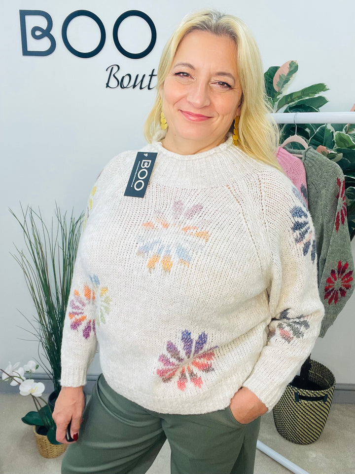 LADIES CONTRAST KNIT JUMPER - PINK, KHAKI & BEIGE