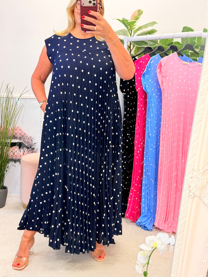 Ladies Polka Dot Summer Maxi Dress - Black, Navy, Pink, Fuschia, Blue