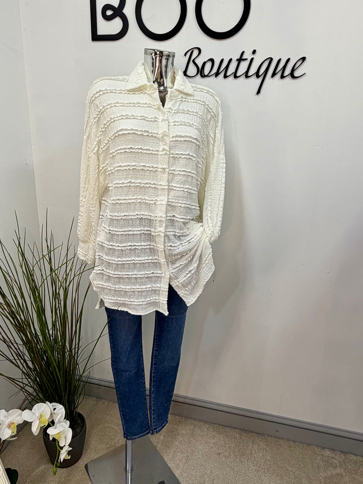 LADIES FRILL SHIRT BLOUSE - WHITE, BEIGE, PINK, LEMON, BLUE & BLACK