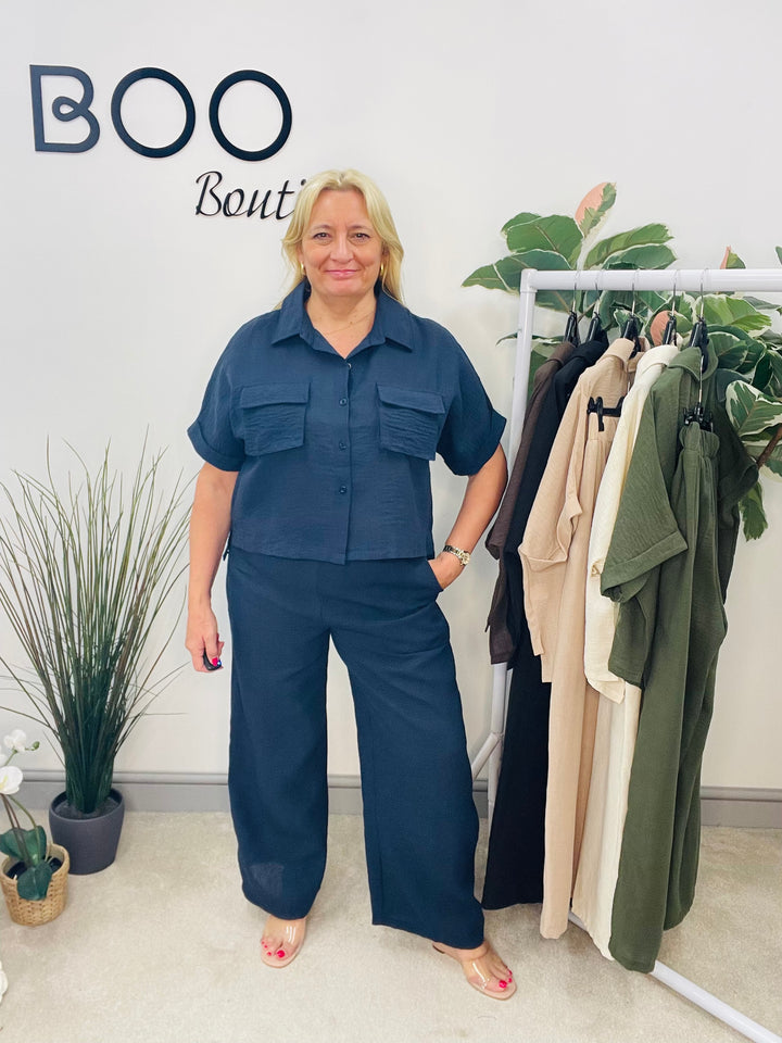 LADIES WIDE LEG TROUSER, CARGO TOP CO ORD SET - KHAKI, BLACK, BROWN, NAVY, CREAM, BEIGE