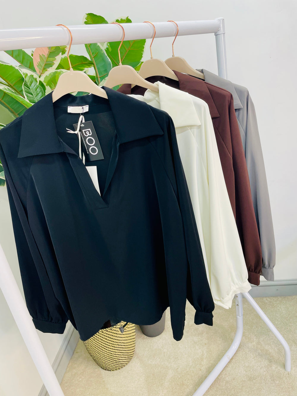 LADIES V NECK LUXURY BLOUSE - BROWN, GREY, WHITE & BLACK