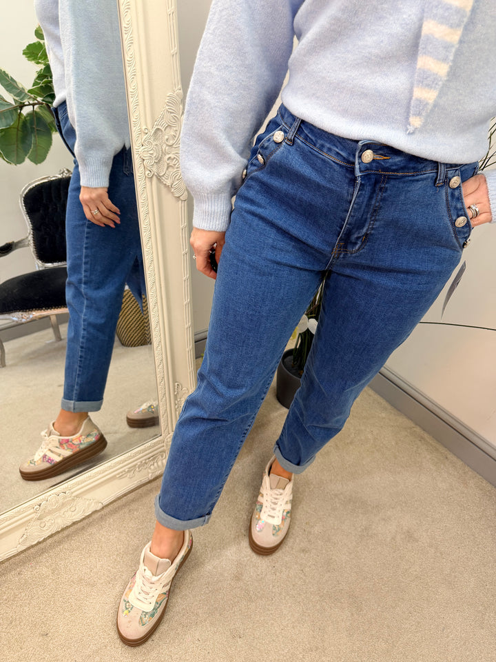 LADIES FASHION MOM FIT DARK BLUE DENIM JEANS