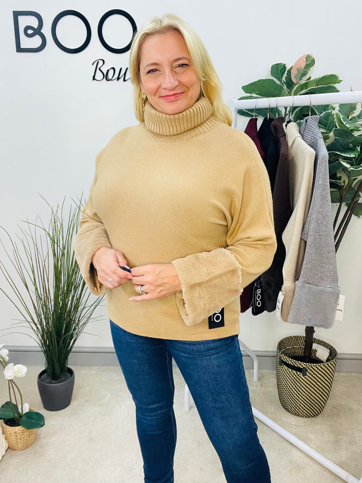 LADIES KNITTED FAUX FUR CUFF JUMPER - BURGUNDY, GREY, BLACK, BROWN, BEIGE, CAMEL
