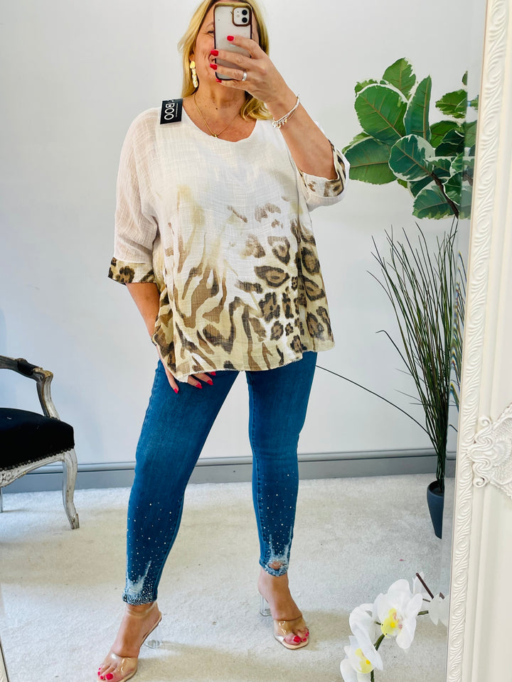 LADIES WOMENS LOOSE FIT ANIMAL LEOPARD PRINT SUMMER TOP - PINK, WHITE, BLUE